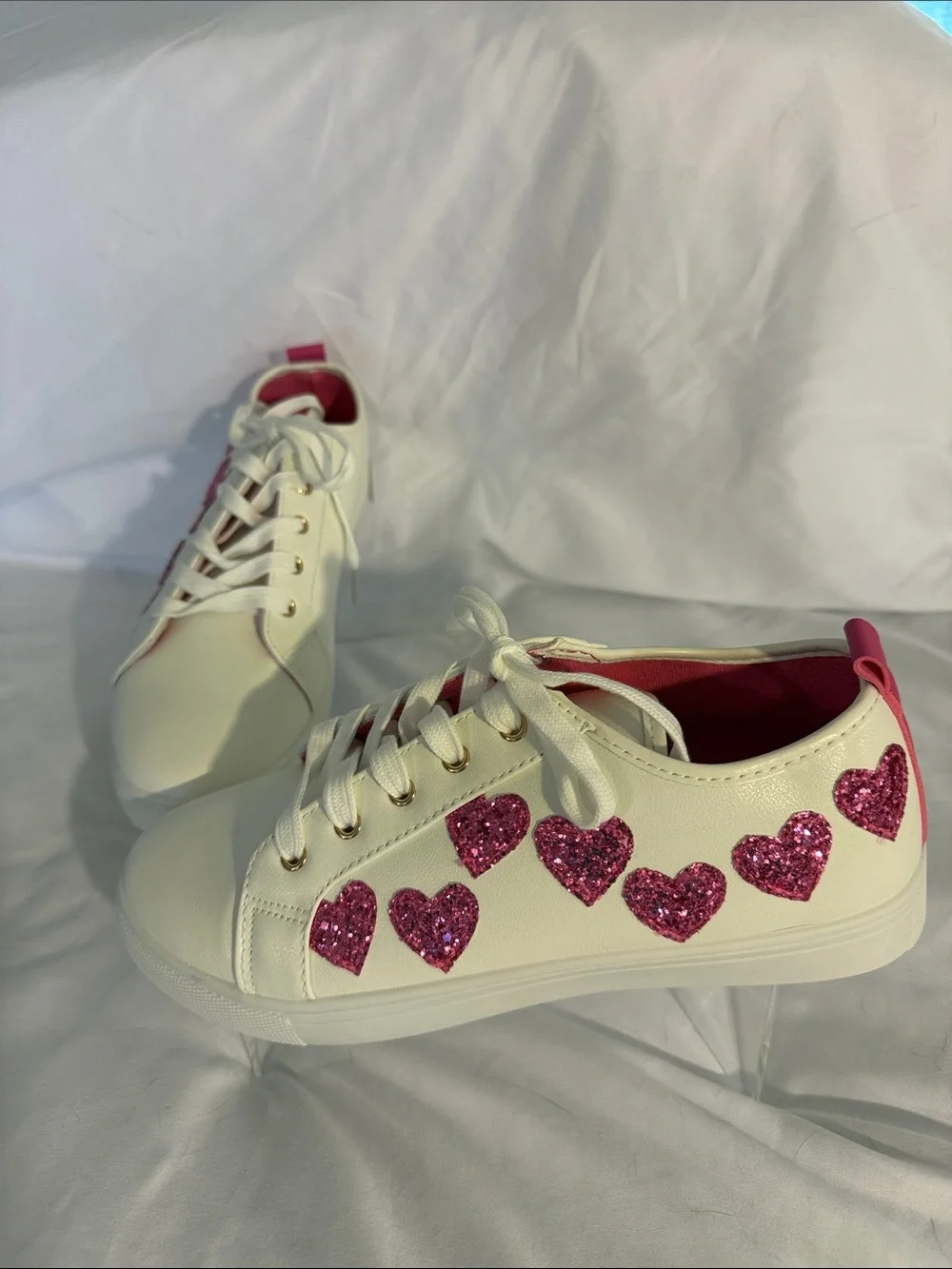 Cato White Sneakers with Pink Glitter Heart Accents New Size 10